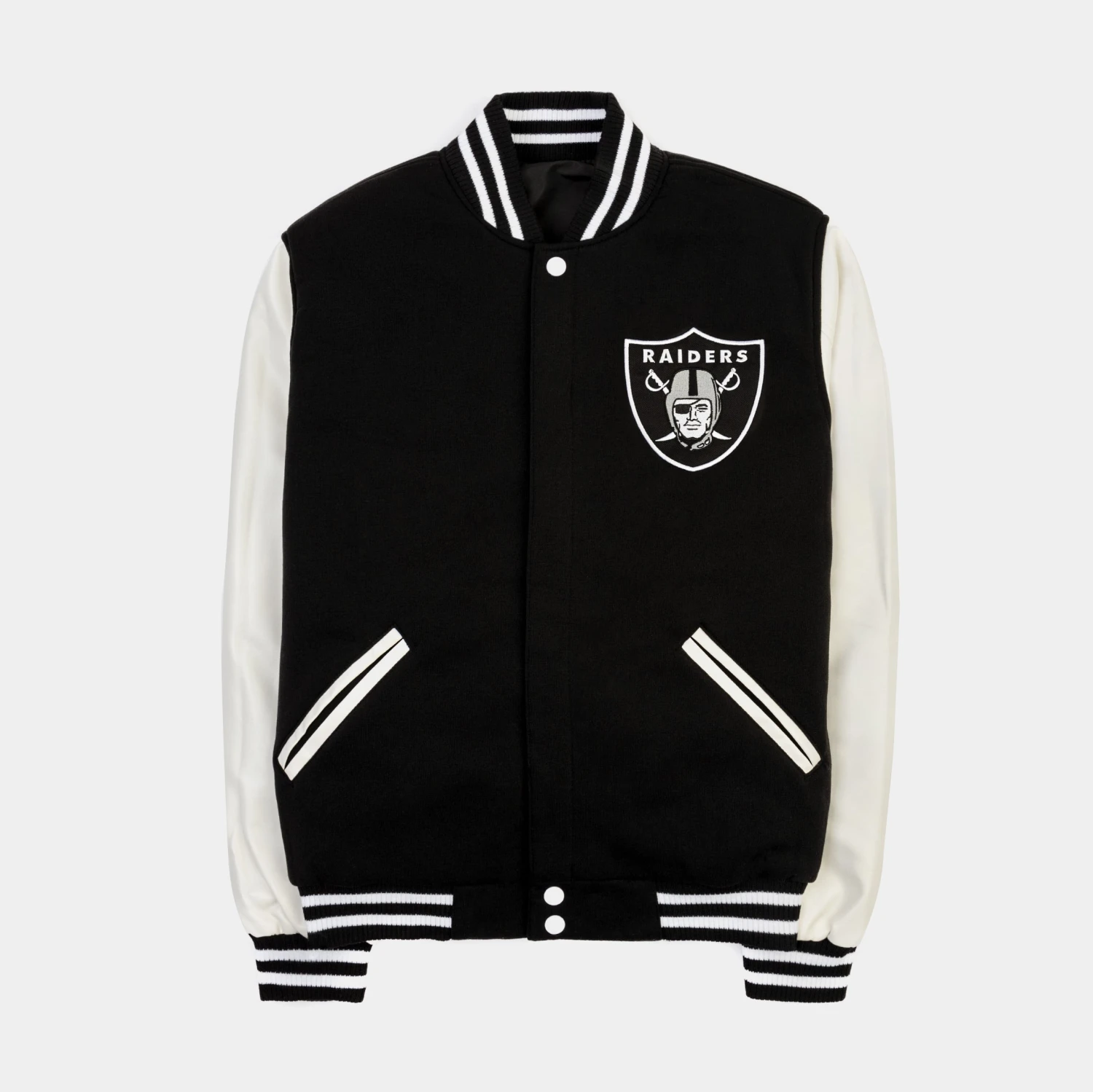 Las Vegas Raiders Reversible Letterman Mens Jacket (Black/White) 3 Las Vegas Raiders Reversible Letterman Mens Jacket (Black/White)