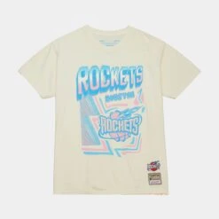 Mitchell & Ness Houston Rockets Sidewalk Sketch Mens Short Sleeve Shirt (Beige/Blue)