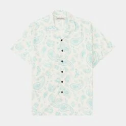 Bandana Woven Rayon Button Up Mens Shirt (White/Blue)