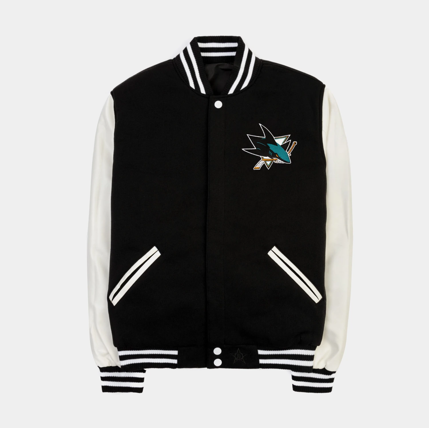 San Jose Sharks Reversible Letterman Mens Jacket (Black/White) 3 San Jose Sharks Reversible Letterman Mens Jacket (Black/White)