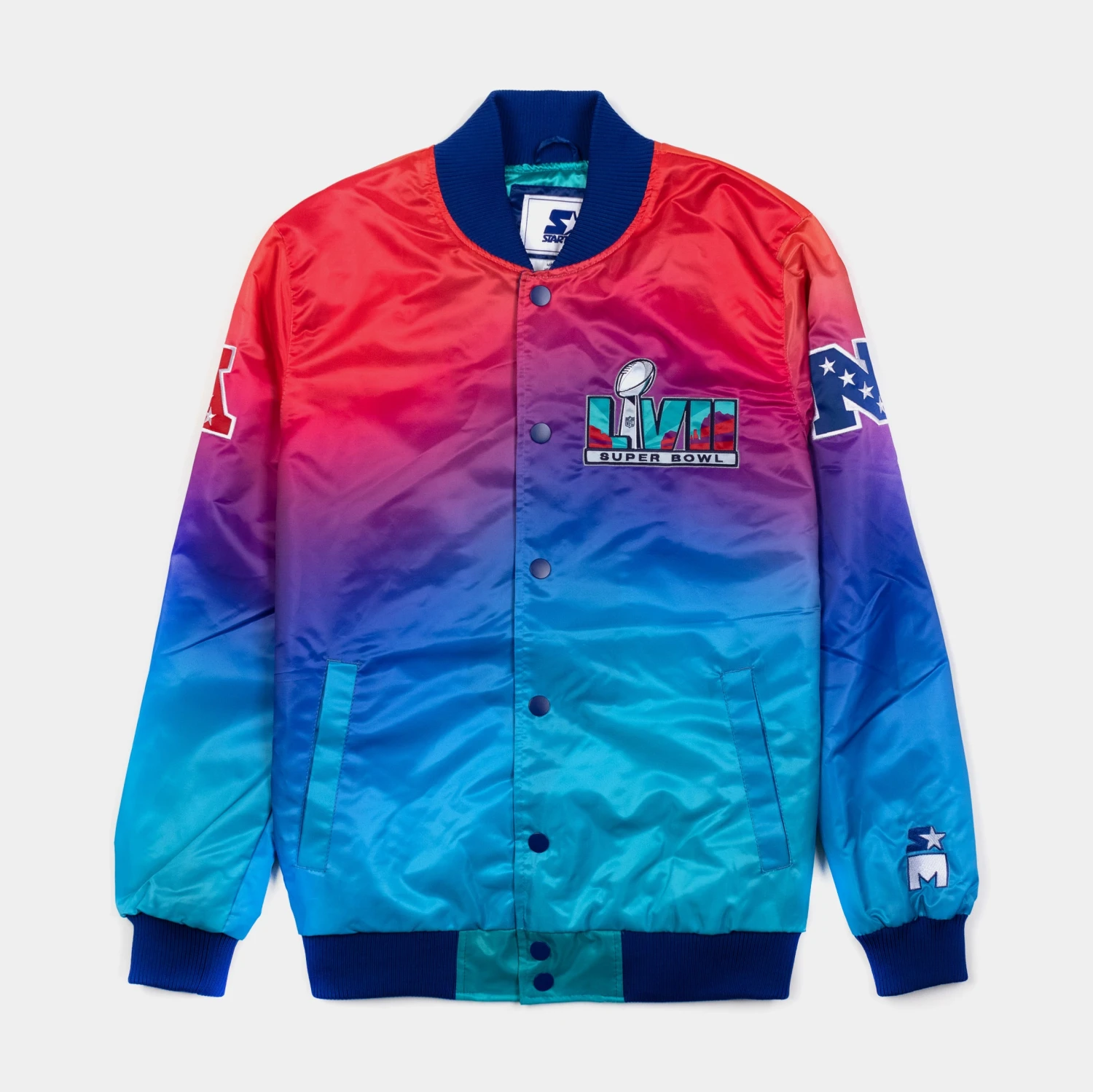 Super Bowl LVII Fade Varsity Mens Jacket (Teal/Purple) 3 Super Bowl LVII Fade Varsity Mens Jacket (Teal/Purple)