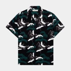 Flying Cranes Woven Rayon Mens Short Sleeve Shirt (Black/Green)