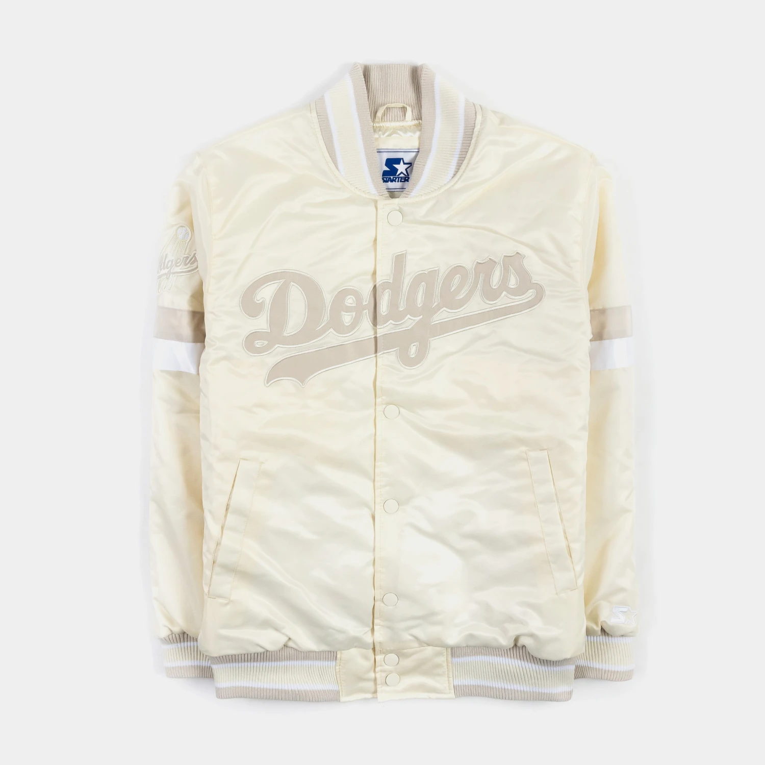 Los Angeles Dodgers Home Game Pearl Satin Varsity Mens Jacket (Pearl) 3 Los Angeles Dodgers Home Game Pearl Satin Varsity Mens Jacket (Pearl)