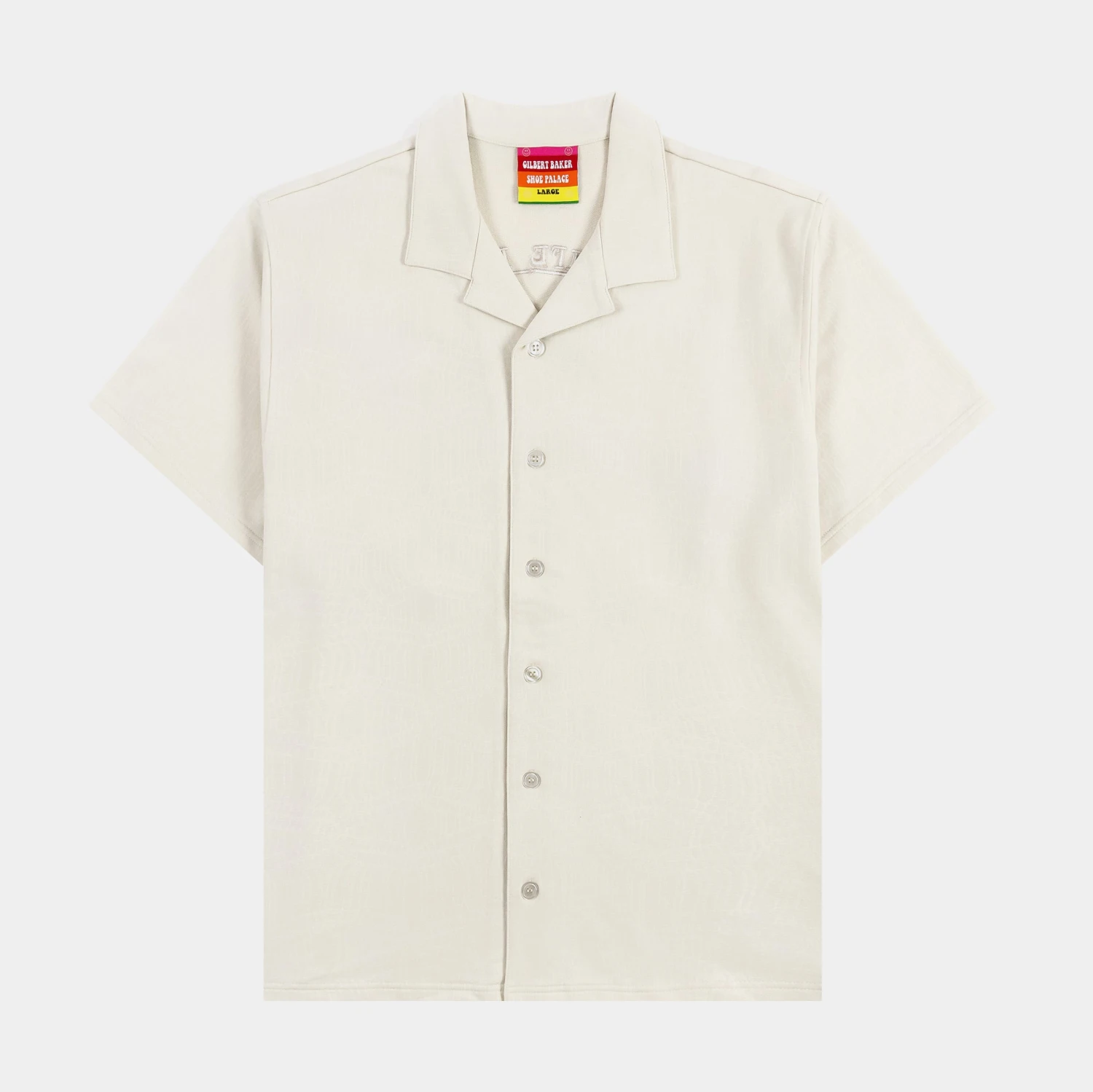 SP X Gilbert Baker Smiley Face Terry Button Up Mens Short Sleeve Shirt (Beige) 3 SP X Gilbert Baker Smiley Face Terry Button Up Mens Short Sleeve Shirt (Beige)