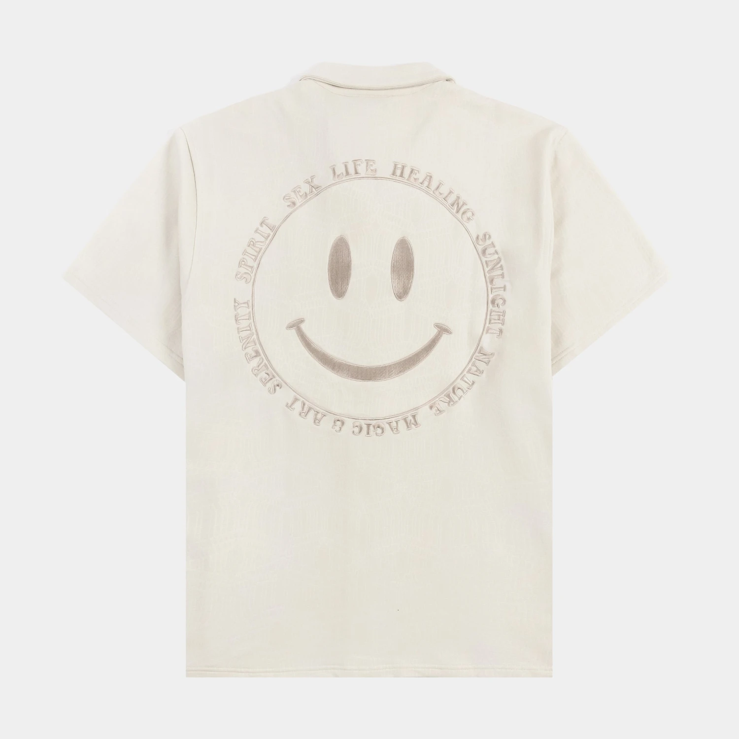 SP X Gilbert Baker Smiley Face Terry Button Up Mens Short Sleeve Shirt (Beige) 4 SP X Gilbert Baker Smiley Face Terry Button Up Mens Short Sleeve Shirt (Beige) - Image 2