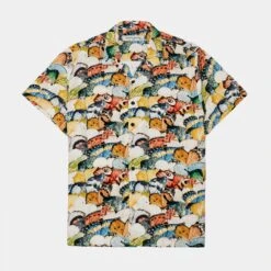 Butterfly Woven Rayon Button Up Mens Shirt (White/Multi)