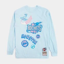 Mitchell & Ness Houston Rockets Sidewalk Sketch Mens Long Sleeve Shirt (Blue)