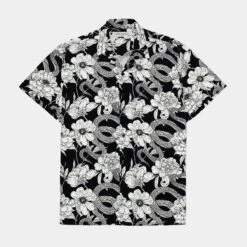 Floral Snakes Woven Rayon Button Up Mens Shirt (Black)